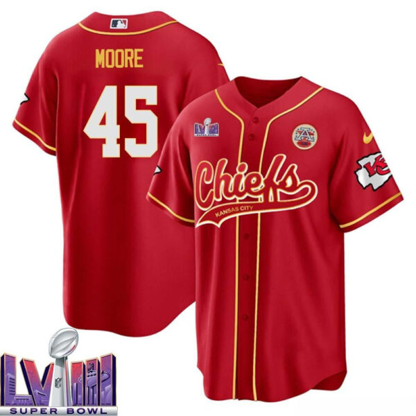 Isaiah Moore 45 Kansas City Chiefs Super Bowl LVIII Baseball Men Jersey - Red