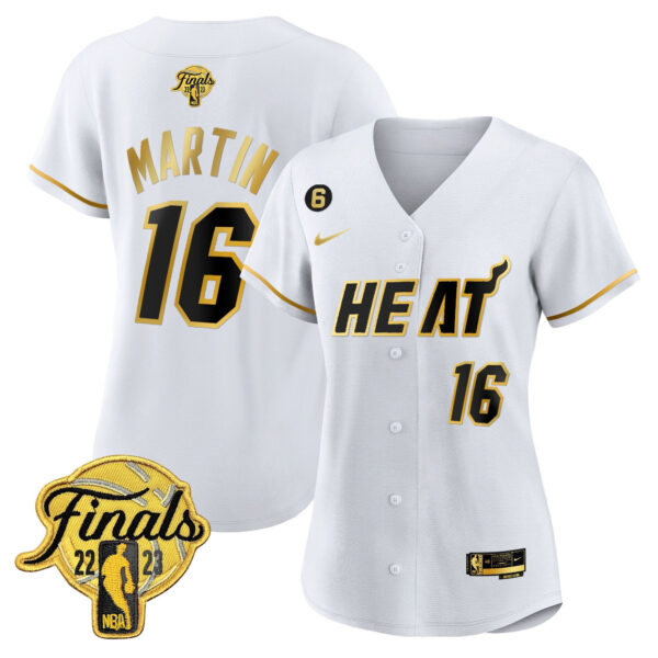 Caleb Martin 16 Miami Heat 2023 Finals Baseball Women Jersey - White Gold
