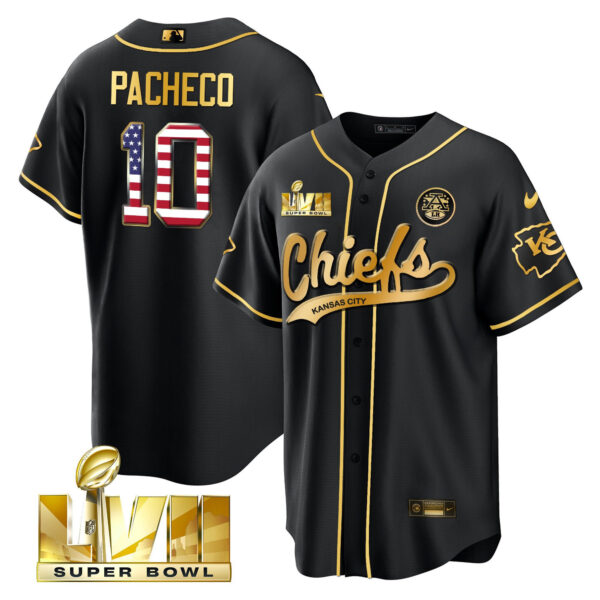Isiah Pacheco 10 Kansas City Chiefs Super Bowl LVII Patch Flag Men Jersey - Black Limited