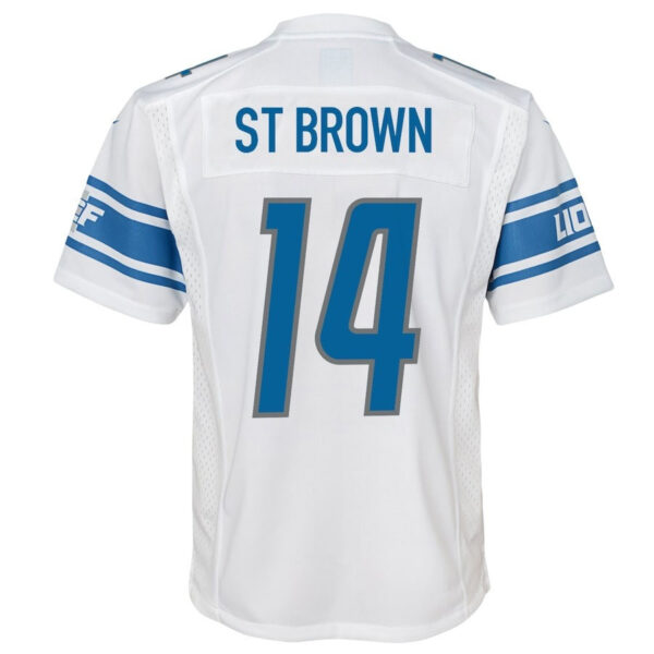 Amon-Ra St. Brown 14 Detroit Lions Signed Scratch Sun God Game YOUTH Jersey - White
