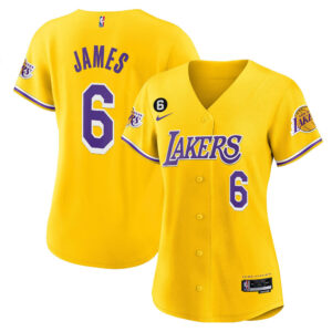 LeBron James 6 Los Angeles Lakers Baseball Jersey - Gold