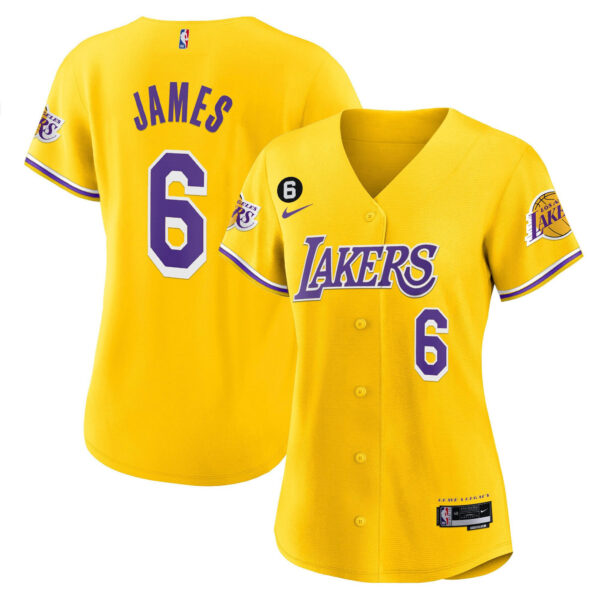 LeBron James 6 Los Angeles Lakers Baseball Jersey - Gold