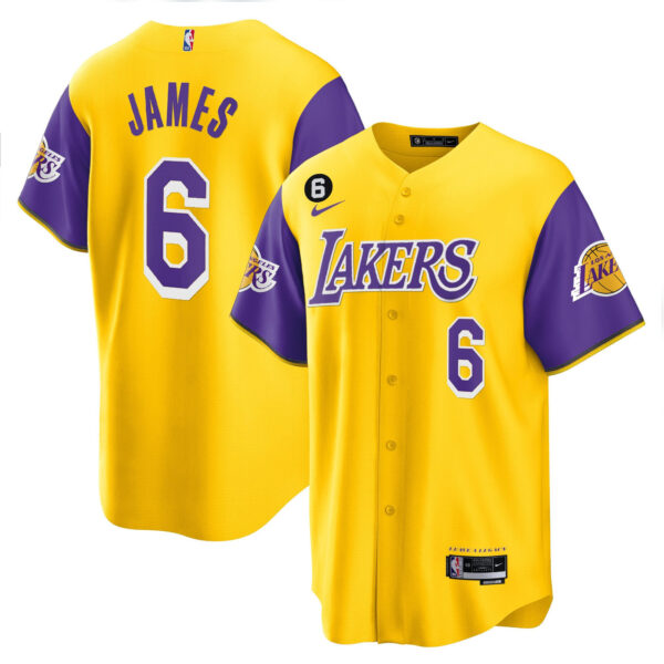LeBron James 6 Los Angeles Lakers Color Sleeves Baseball Men Jersey - Gold