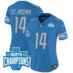 Amon-Ra St. Brown 14 Detroit Lions 2023 NFC North Division Champions Patch Women Game Jersey - Blue