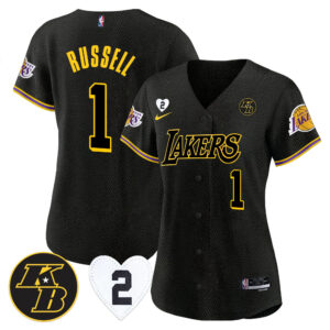 D'Angelo Russell 1 Los Angeles Lakers Kobe & Gigi Patch Baseball Jersey - Black Mamba