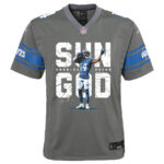 Amon-Ra St. Brown 14 Detroit Lions Signed Scratch Sun God Game YOUTH Jersey - Silver