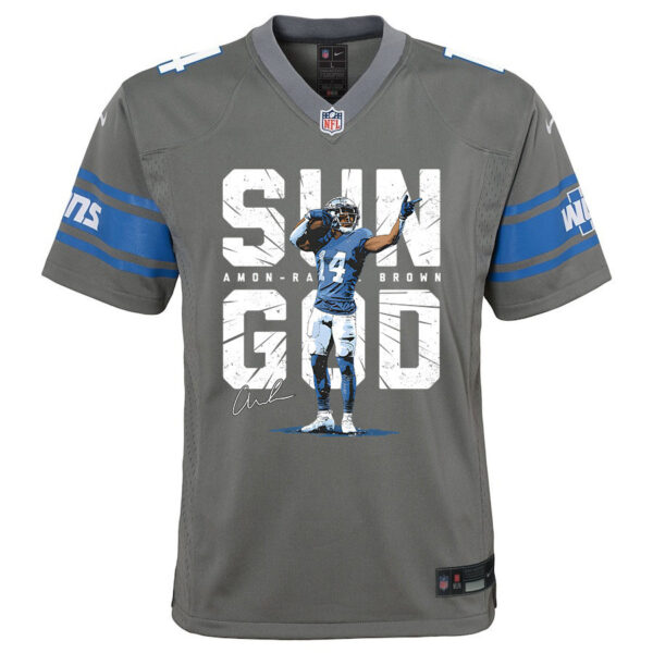 Amon-Ra St. Brown 14 Detroit Lions Signed Scratch Sun God Game YOUTH Jersey - Silver
