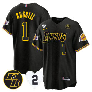 D'Angelo Russell 1 Los Angeles Lakers Kobe & Gigi Patch Baseball Men Jersey - Black Mamba