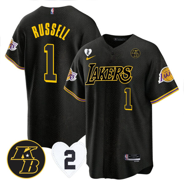 D'Angelo Russell 1 Los Angeles Lakers Kobe & Gigi Patch Baseball Men Jersey - Black Mamba