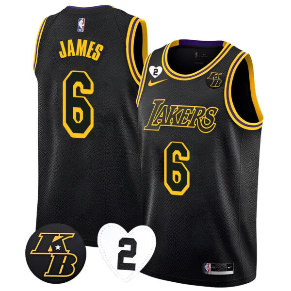 LeBron James 6 Los Angeles Lakers Kobe & Gigi Patch 2023 Jersey - Black Mamba