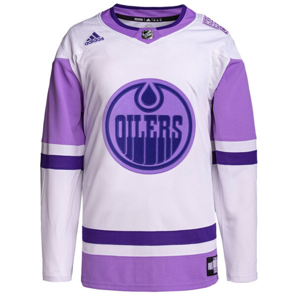 Edmonton Oilers Hockey Fights Cancer Primegreen Custom Men Jersey - White/Purple