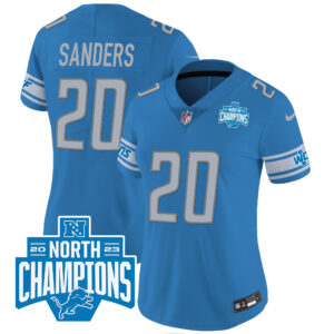 Barry Sanders 20 Detroit Lions 2023 NFC North Division Champions Patch Women Game Jersey - Blue