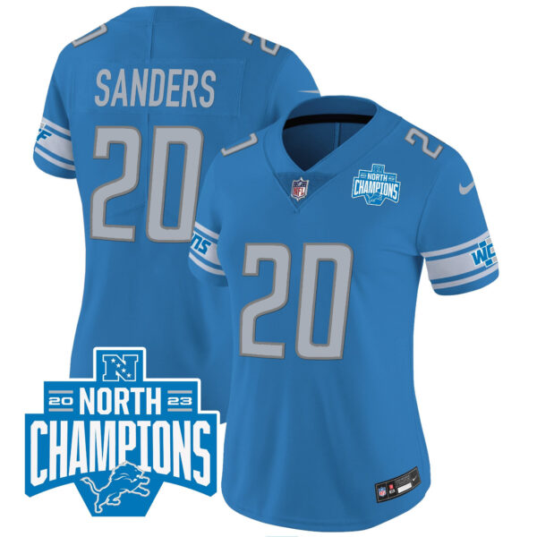 Barry Sanders 20 Detroit Lions 2023 NFC North Division Champions Patch Women Game Jersey - Blue