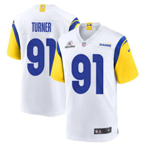 Kobie Turner 91 Los Angeles Rams 2023 Playoffs Patch Game Men Jersey - White