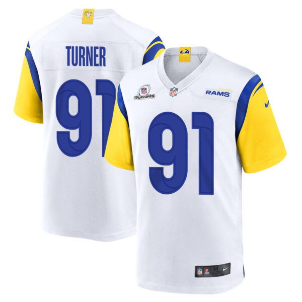 Kobie Turner 91 Los Angeles Rams 2023 Playoffs Patch Game Men Jersey - White