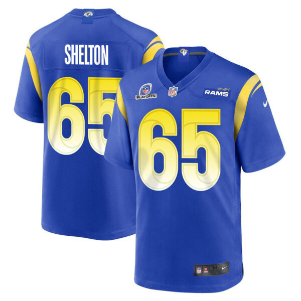 Coleman Shelton 65 Los Angeles Rams 2023 Playoffs Patch Game Men Jersey - Royal