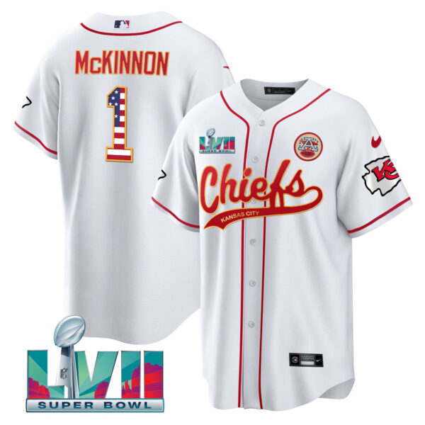 Jerick McKinnon 1 Kansas City Chiefs Super Bowl LVII Patch Flag Men Jersey - White
