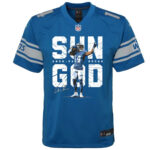 Amon-Ra St. Brown 14 Detroit Lions Signed Scratch Sun God Game YOUTH Jersey - Blue
