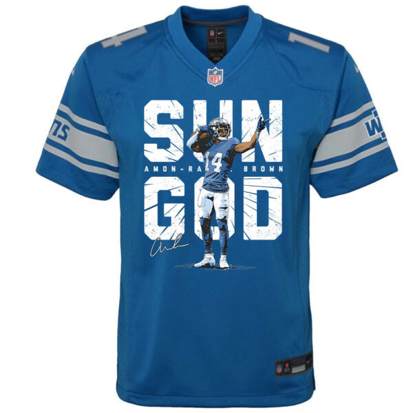 Amon-Ra St. Brown 14 Detroit Lions Signed Scratch Sun God Game YOUTH Jersey - Blue