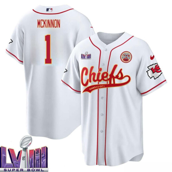 Jerick McKinnon 1 Kansas City Chiefs Super Bowl LVIII Baseball Men Jersey - White