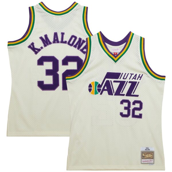 Karl Malone Utah Jazz Mitchell & Ness Chainstitch Swingman Jersey - Cream
