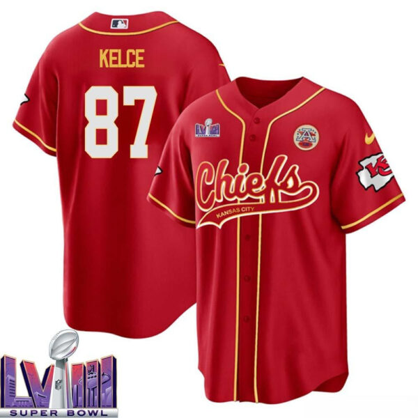 Travis Kelce 87 Kansas City Chiefs Super Bowl LVIII Baseball Men Jersey - Red