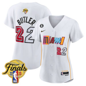 Jimmy Butler 22 Miami Heat 2023 Finals Baseball Women Jersey - City White