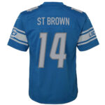Amon-Ra St. Brown 14 Detroit Lions Signed Scratch Sun God Game YOUTH Jersey - Blue