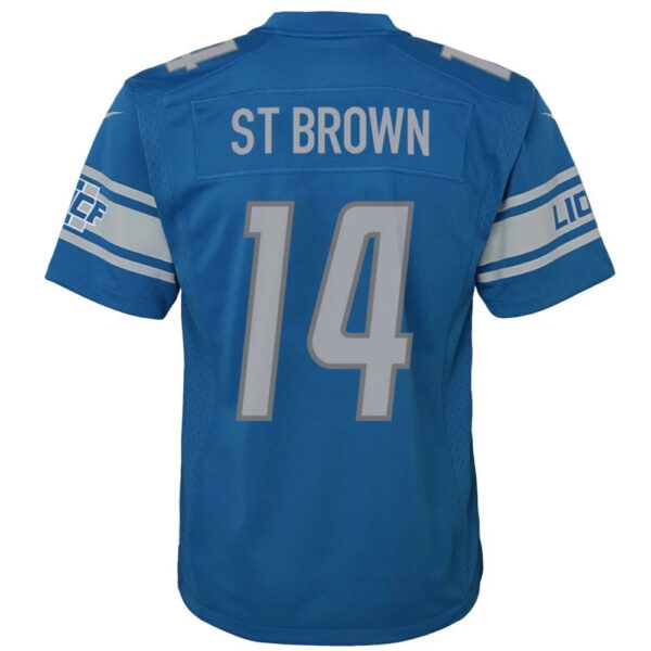 Amon-Ra St. Brown 14 Detroit Lions Signed Scratch Sun God Game YOUTH Jersey - Blue