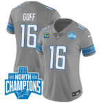 Jared Goff 16 Detroit Lions 2023 NFC North Division Champions Patch Women Game Jersey - Gray