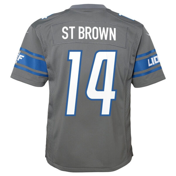 Amon-Ra St. Brown 14 Detroit Lions Signed Scratch Sun God Game YOUTH Jersey - Silver