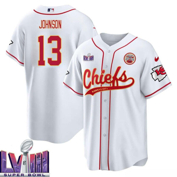 Nazeeh Johnson 13 Kansas City Chiefs Super Bowl LVIII Baseball Men Jersey - White