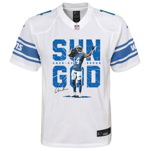 Amon-Ra St. Brown 14 Detroit Lions Signed Scratch Sun God Game YOUTH Jersey - White