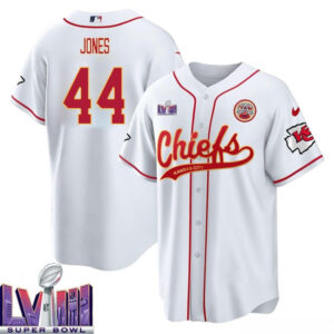 Cam Jones 44 Kansas City Chiefs Super Bowl LVIII Baseball Men Jersey - White