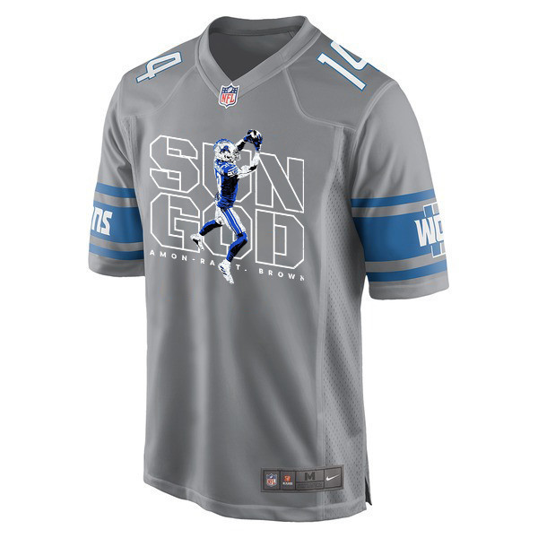 Amon-Ra St. Brown 14 Detroit Lions Sun God Game Men Jersey - Silver