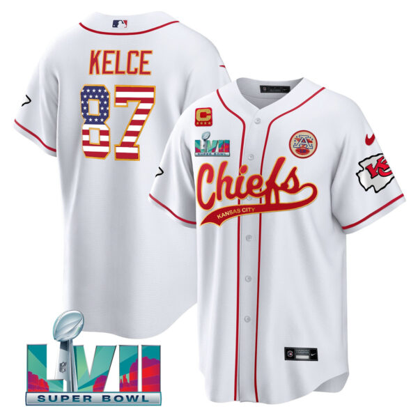 Travis Kelce 87 Kansas City Chiefs Super Bowl LVII Patch Flag Men Jersey - White
